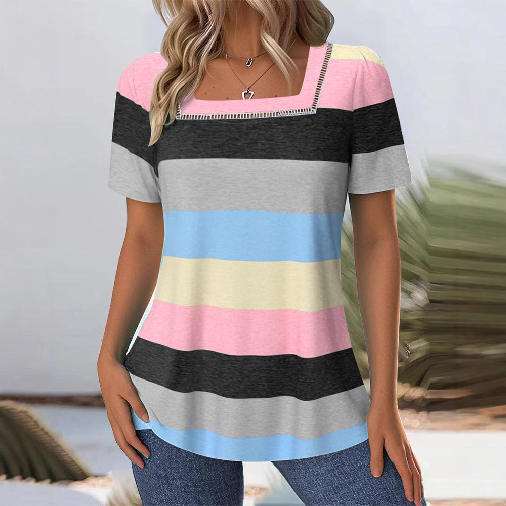 Damen T-Shirt mit modernem Streifenmuster und dekorativem Rundhalsausschnitt R&B