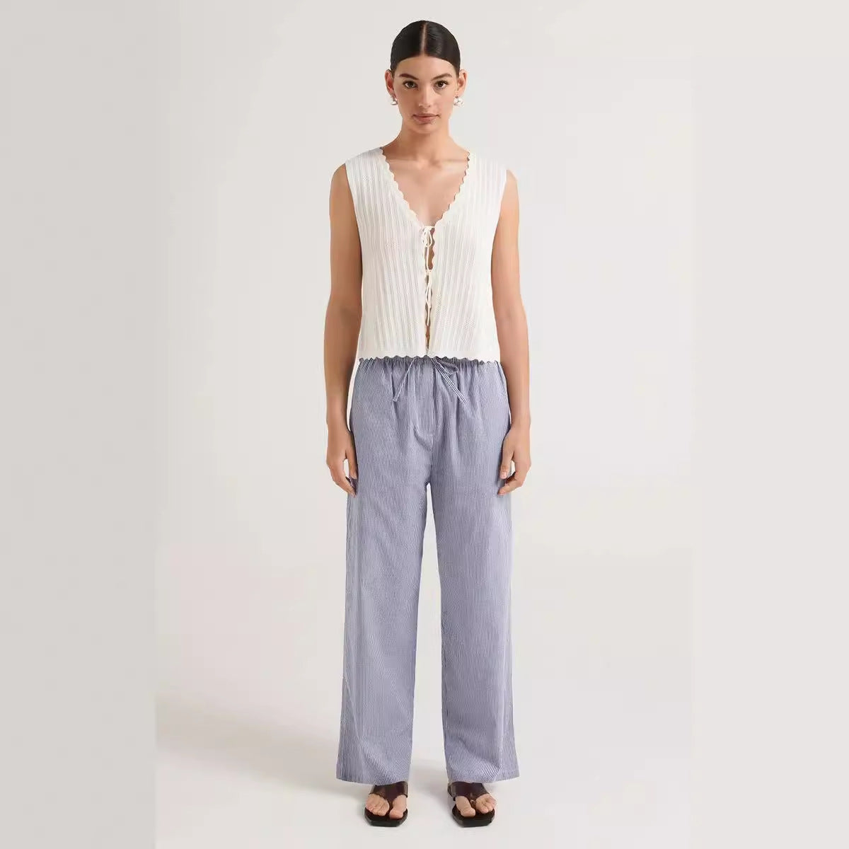 Damen lässige bequeme Schlafhose aus leichtem Baumwollstoff mit eleganten Streifen R&B