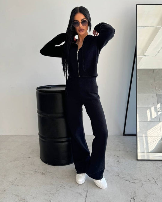 Damen Strickoverall mit modischem Reißverschluss und Kapuze R&B