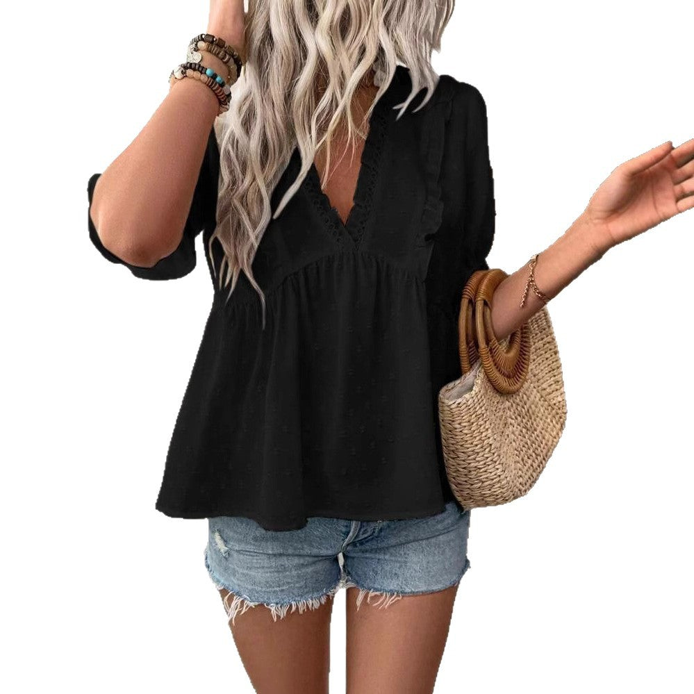 Damen luftige Bluse mit voluminösem Rüschensaum und lockerer Passform R&B