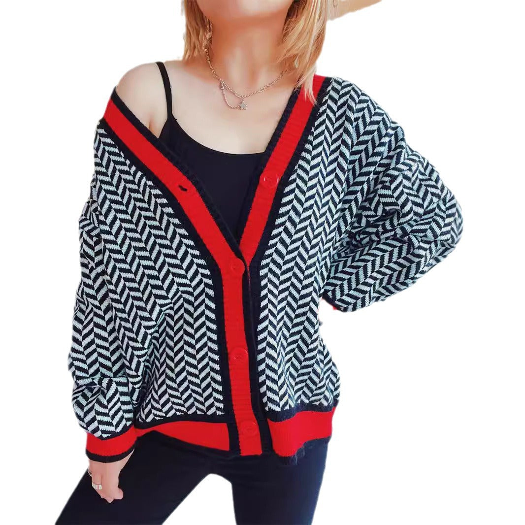 Damen Übergroße Strickjacke mit auffälligem Zickzackmuster und bunten Knöpfen R&B