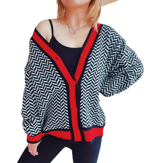 Damen Übergroße Strickjacke mit auffälligem Zickzackmuster und bunten Knöpfen R&B
