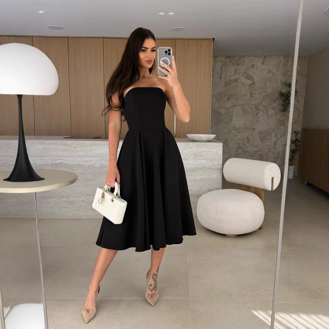Damen A-linien Cocktailkleid mit trägerlosem Schnitt und schwingendem Rock R&B