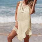 Damen luftiges Häkel-Strandkleid mit V-Ausschnitt und romantischem Saum R&B