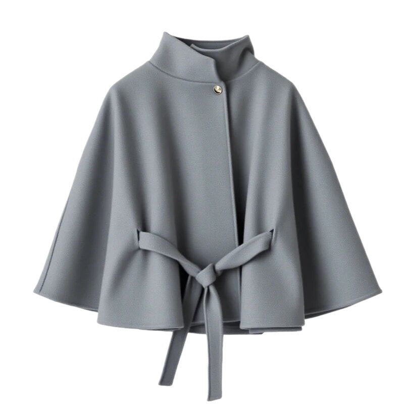 Damen elegante Umhangjacke mit Bindegürtel und hochgeschlossenem Kragen R&B