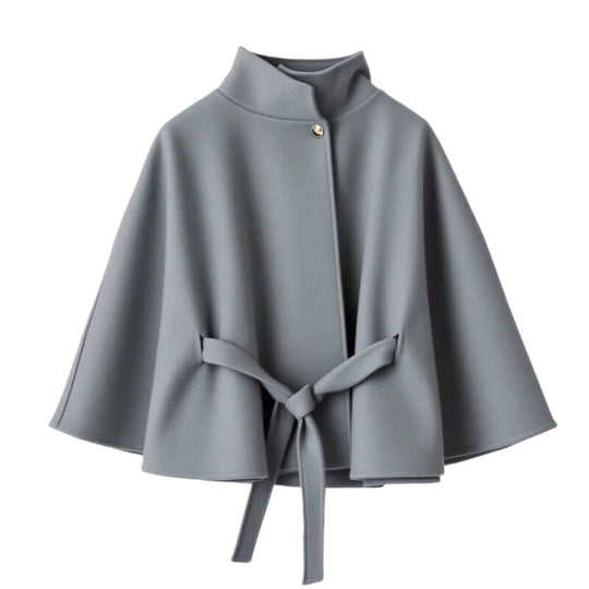 Damen elegante Umhangjacke mit Bindegürtel und hochgeschlossenem Kragen R&B
