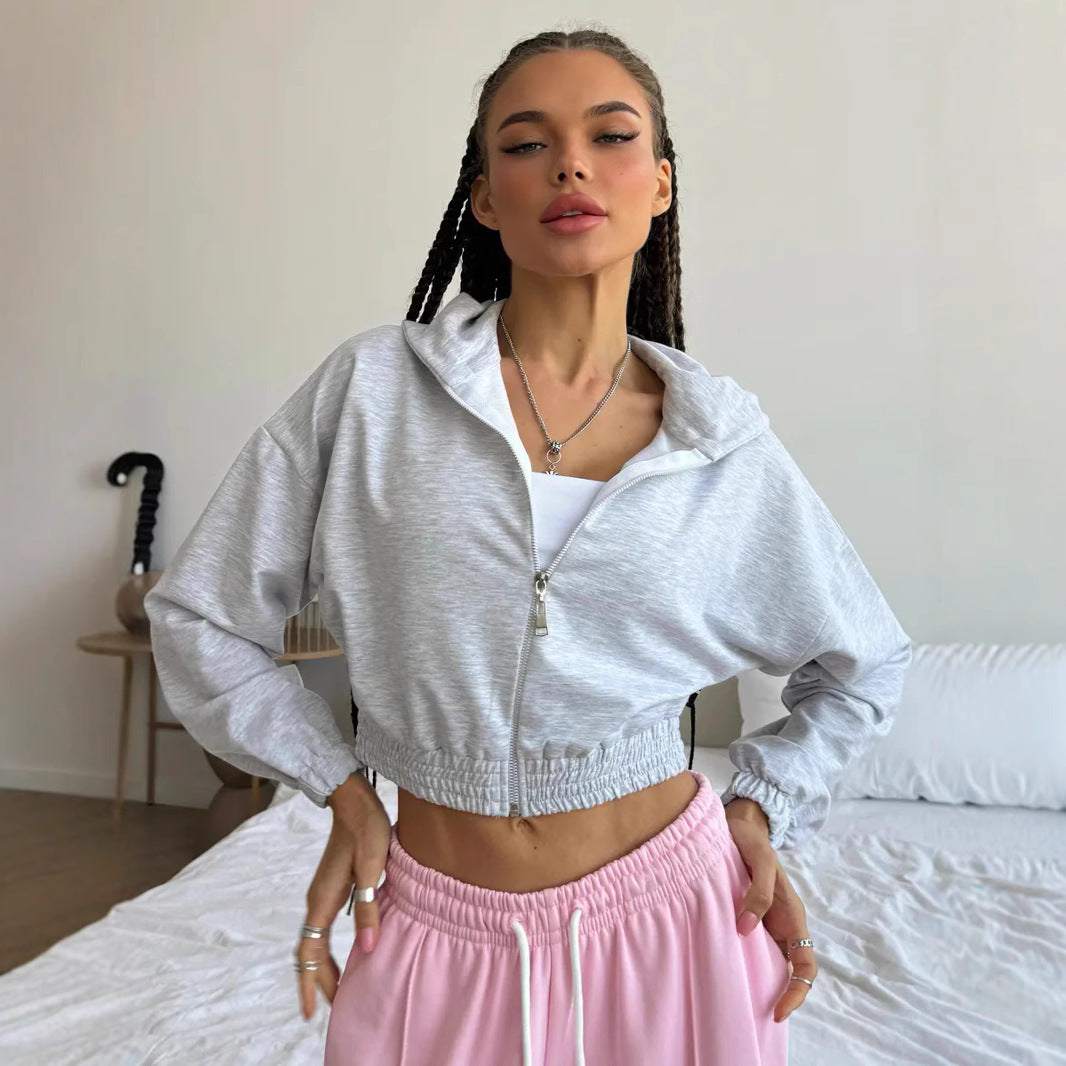 Damen lässiger Cropped Hoodie mit praktischem Reißverschluss und elastischem Bund R&B