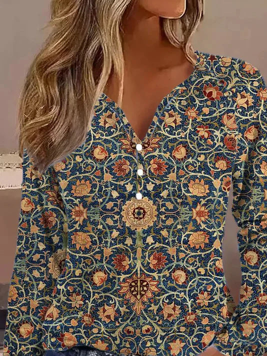 Damen elegantes Langarmshirt mit grafischem Farbverlauf und Knopfdetails R&B