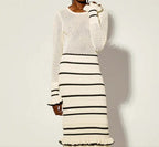 Damen Strickmaxikleid mit raffiniertem Lochmuster und kontrastierendem Streifen R&B