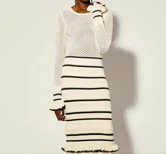 Damen Strickmaxikleid mit raffiniertem Lochmuster und kontrastierendem Streifen R&B