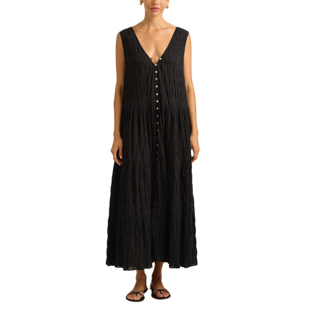 Damen Maxikleid mit tiefem V-Ausschnitt und gestuftem Design R&B