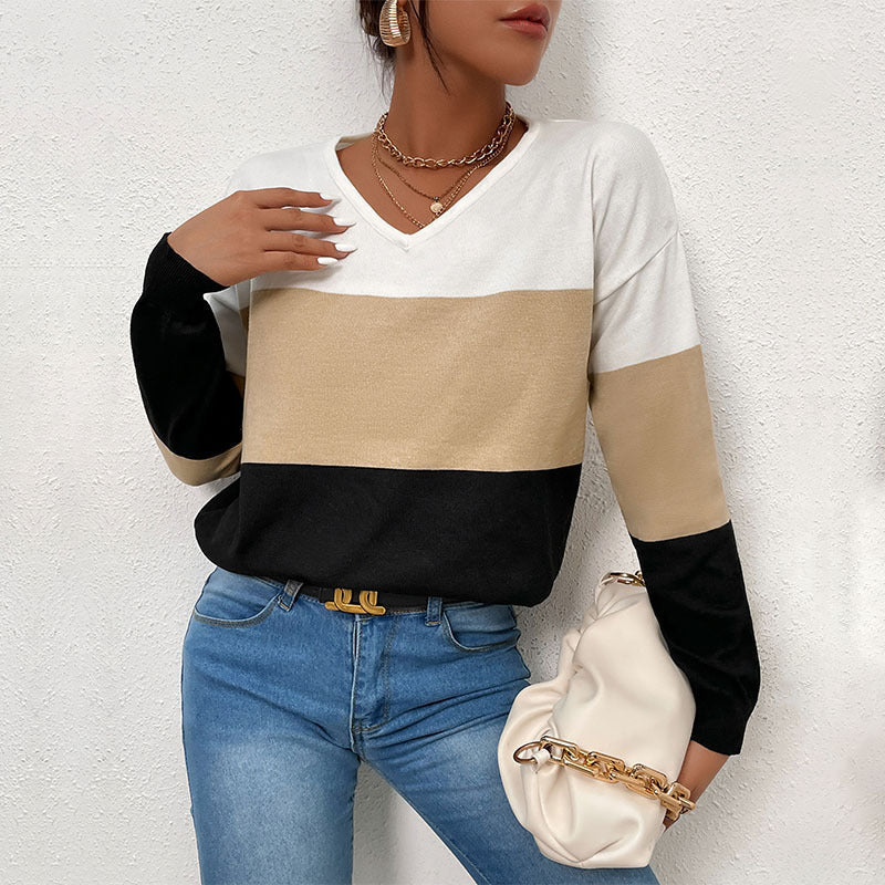 Damen V-Ausschnitt Pullover mit gestreiftem Design und lässigem Schnitt R&B