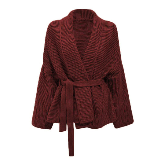 Damen Grobstrickjacke mit modernem Wickeldesign und breitem Kragen R&B