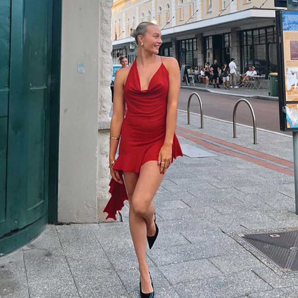Damen Halterneck Minikleid mit fließendem Design und asymmetrischem Saum R&B