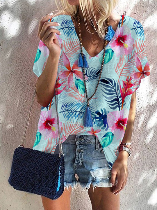 Damen lässige V-Ausschnitt Bluse mit tropischem Print R&B