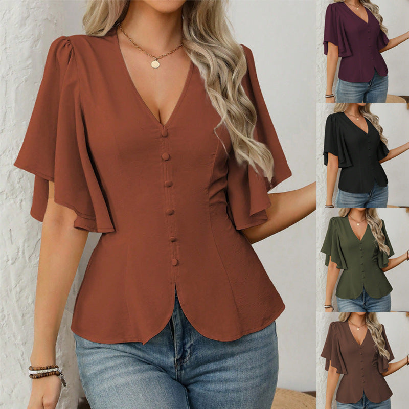 Damen elegante Bluse mit Glockenärmeln und Knopfdetail R&B