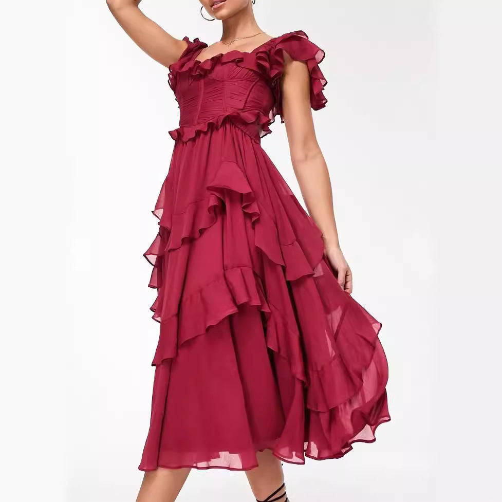 Damen Rüschen Maxikleid mit fließendem Schnitt und romantischem Design R&B