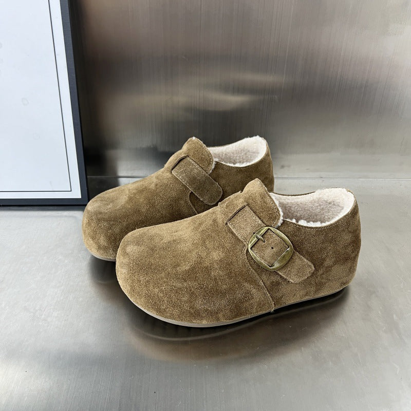 Damen Komfortable Wildleder-Clogs mit luxuriösem Fleece-Innenfutter und modischer Schnallenverzierung R&B