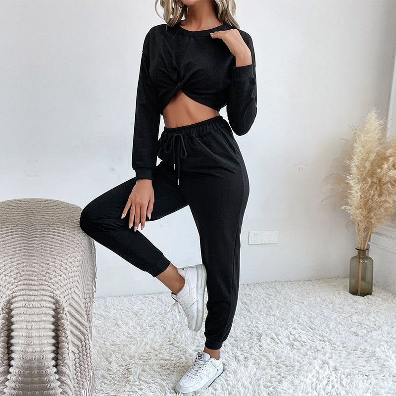 Damen Lässiger zweiteiliger Jogginganzug mit cropped Oberteil und flexibler Taille R&B