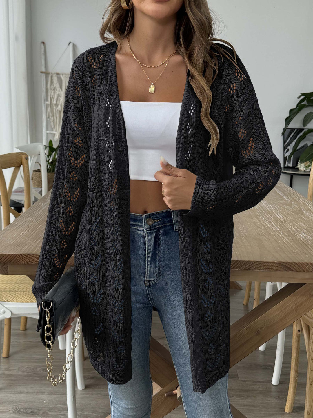 Damen luftiger Strickcardigan mit filigranem Lochmuster R&B