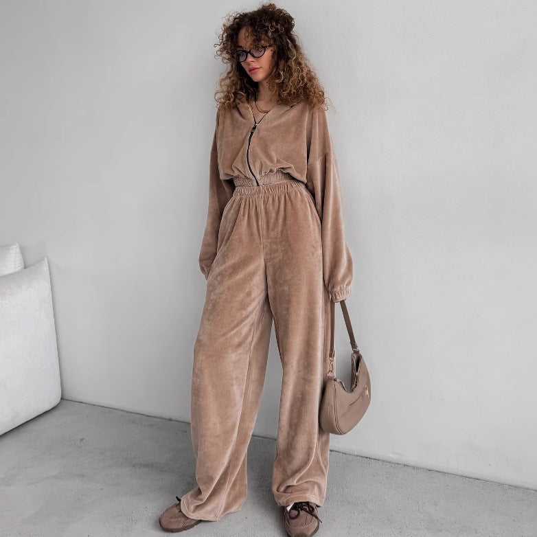 Damen Sportliches Fleece-Set mit hochschließendem Reißverschluss und elastischem Bund R&B