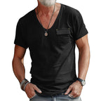 Herren V-Ausschnitt T-Shirt mit dekorativer Brusttasche und attraktiver Struktur
