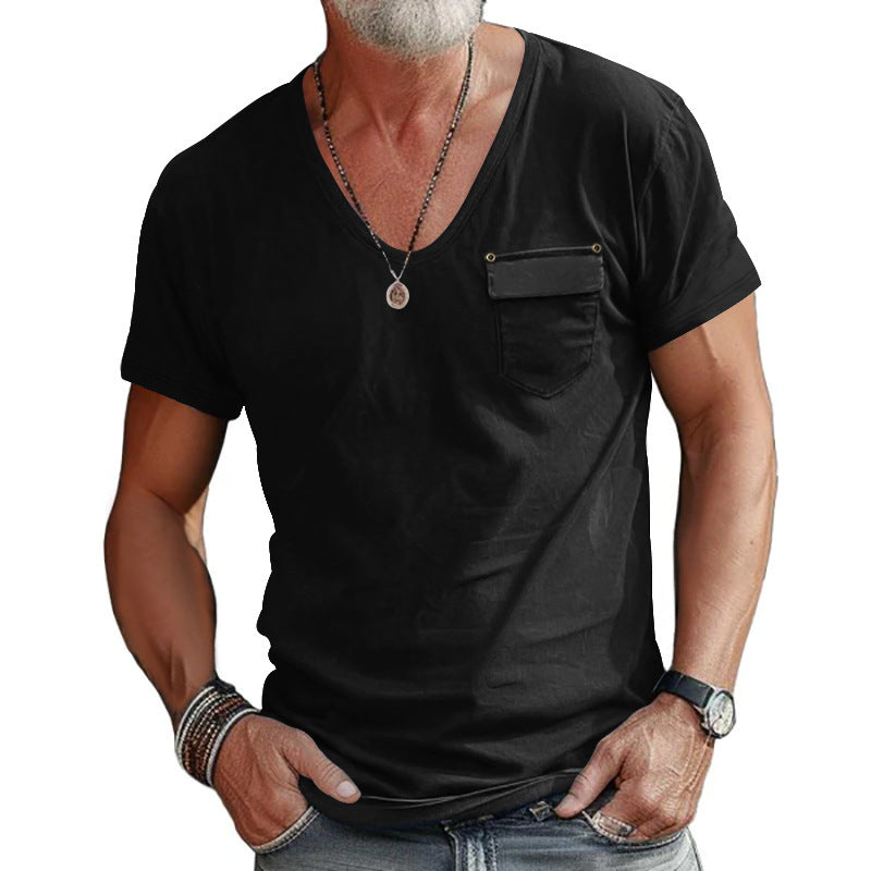 Herren V-Ausschnitt T-Shirt mit dekorativer Brusttasche und attraktiver Struktur