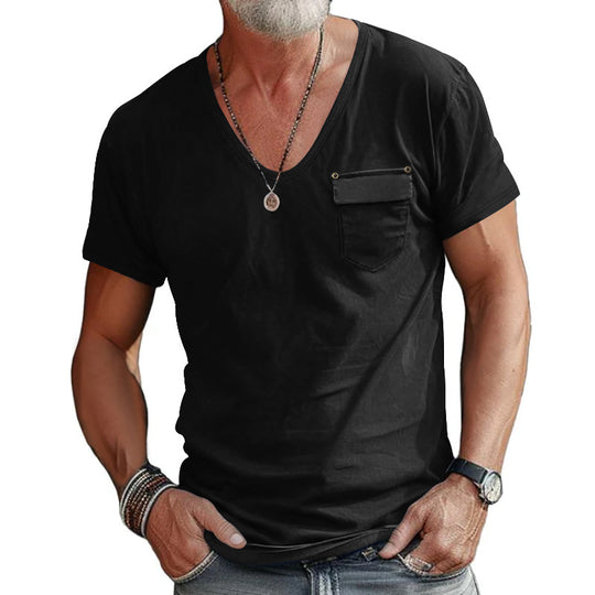 Herren V-Ausschnitt T-Shirt mit dekorativer Brusttasche und attraktiver Struktur R&B