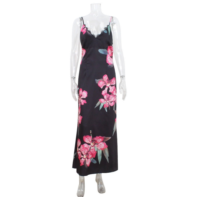 Damen Maxikleid mit floralem Seiden-Effekt und feinen Spaghettiträgern R&B