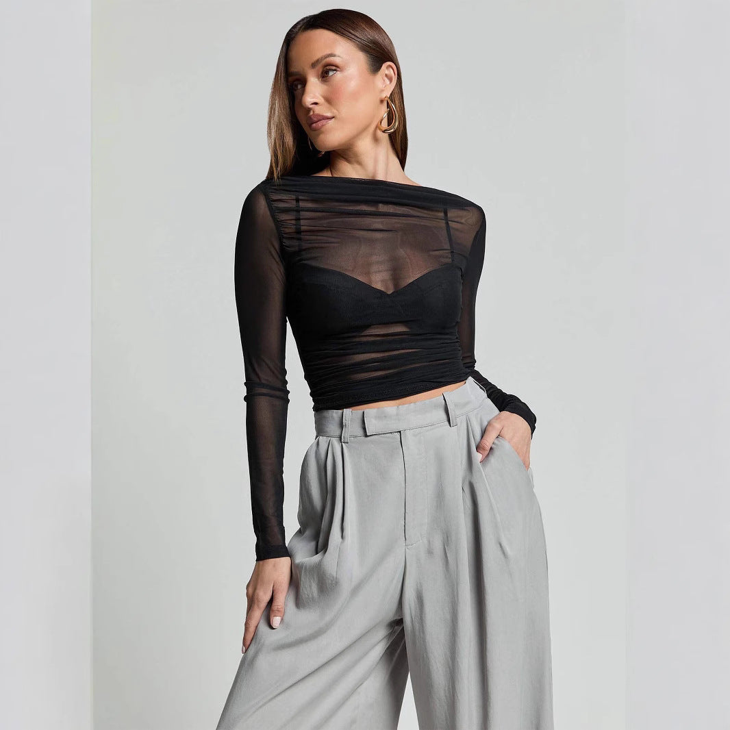 Damen Elegantes Langarmoberteil mit transparentem Mesh und Raffung R&B