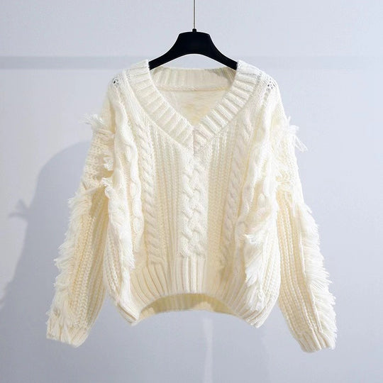Damen Stylischer Strickpullover mit Fransen und Zopfmuster R&B