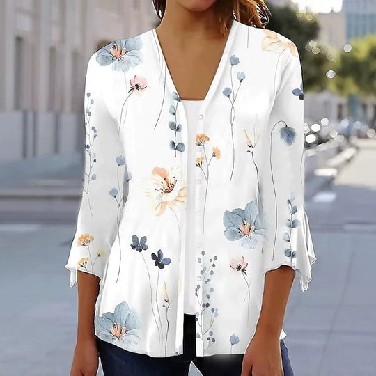 Damen nan leichte Chiffonbluse mit Aquarellblumenprint, V‑Ausschnitt, Knopfleiste und dreiviertelärmeln R&B