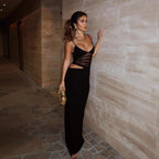 Damen elegantes bodenlanges Wickelkleid mit feinen Trägern und figurformendem Design R&B