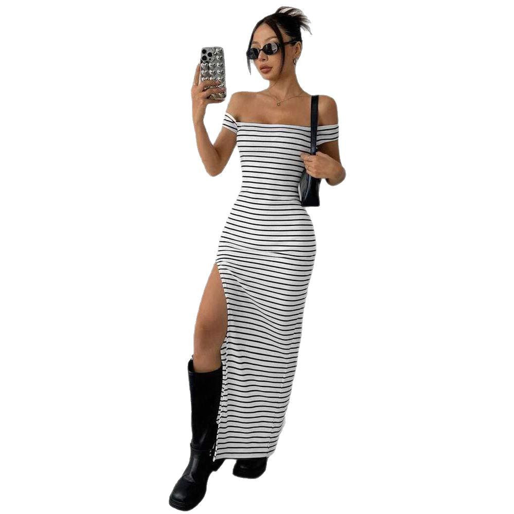 Damen Figurbetontes Kleid mit Off-Shoulder-Ausschnitt und Schlitz R&B