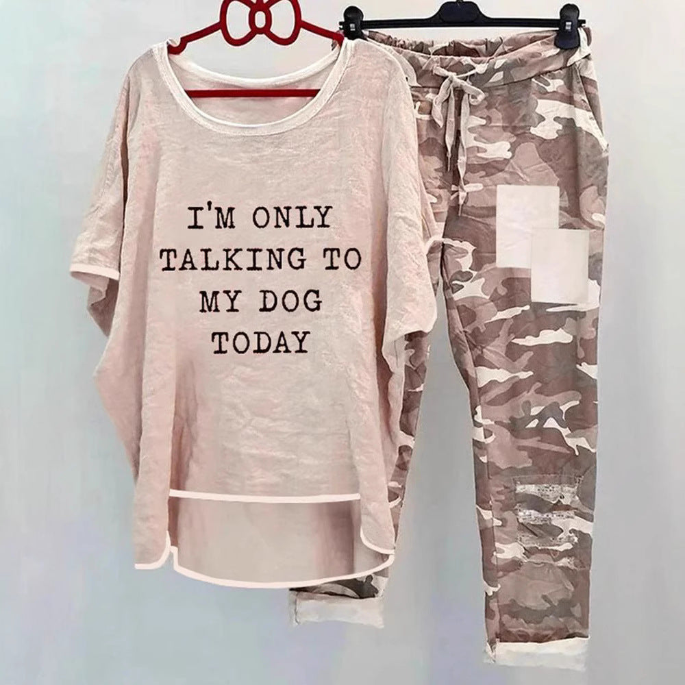 Damen nan weites Freizeit-Set mit Spruchaufdruck, weit geschnittenem Langshirt und Camouflage-Jogginghose R&B