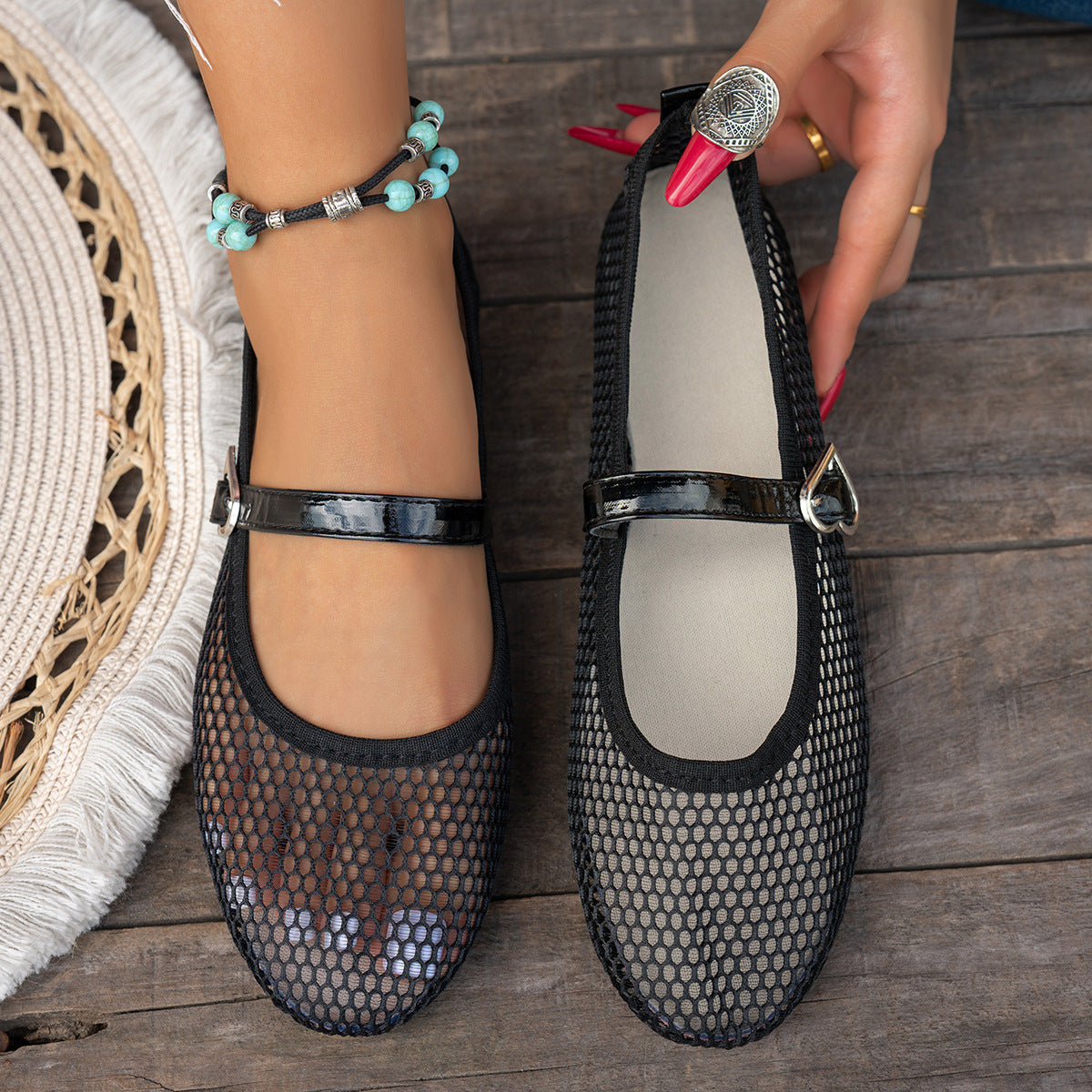 Damen Atmungsaktive Mary Jane Ballerinas mit Netzdesign R&B