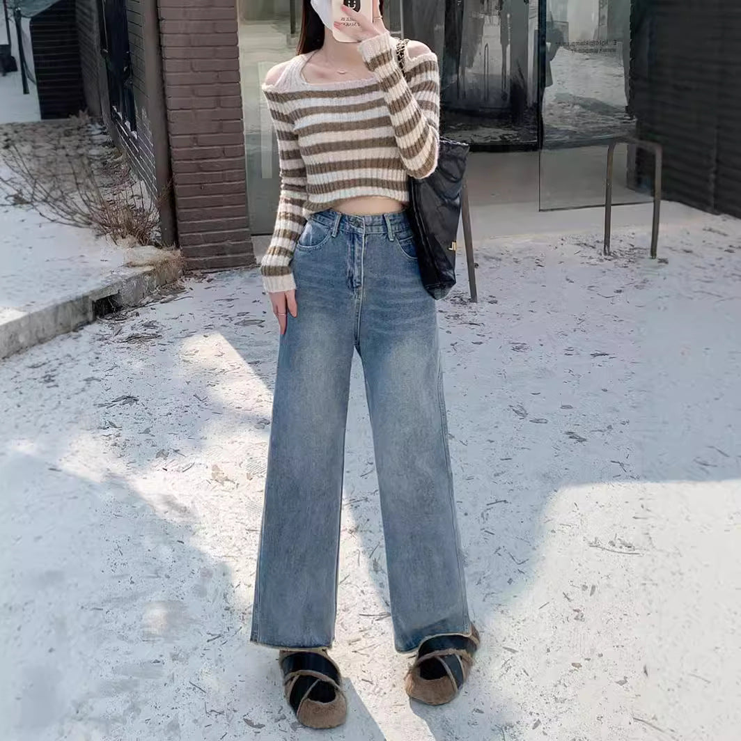 Damen Hochtaillierte weite Jeanshose im modernen Stil mit komfortablem Sitz R&B