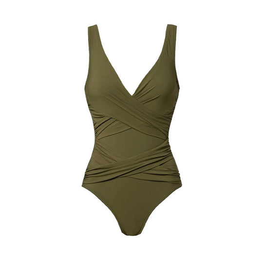 Damen Einteiler Badeanzug mit modischem Wickeldesign und elastischen Rüschendetails R&B