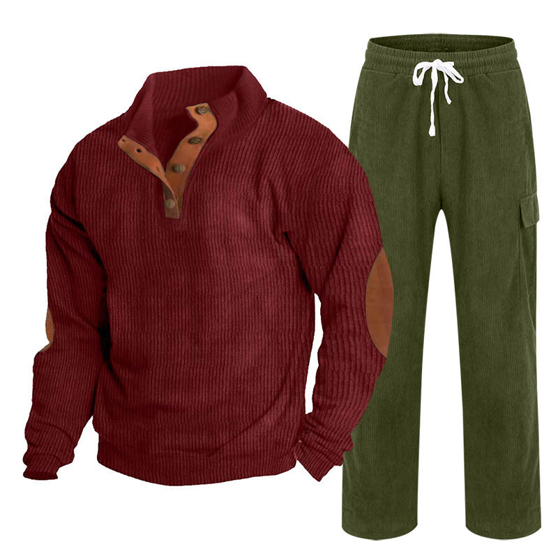 Herren nan strukturiertes Feinstrick-Halbknopf-Pullover und Feincord-Cargo-Zweiteiler R&B