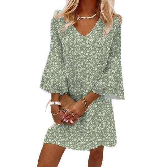 Damen nan leichtes florales V-Ausschnitt Minikleid mit Glockenärmeln und A-Linien-Schnitt R&B