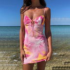 Damen figurbetontes Sommerkleid mit trägerlosem Design und verführerischem Krawattenverschluss R&B