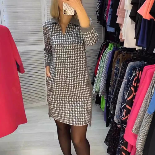 Damen Hemdblusenkleid mit modernem Hahnentrittmuster und praktischen Seitentaschen Heidi-Mode