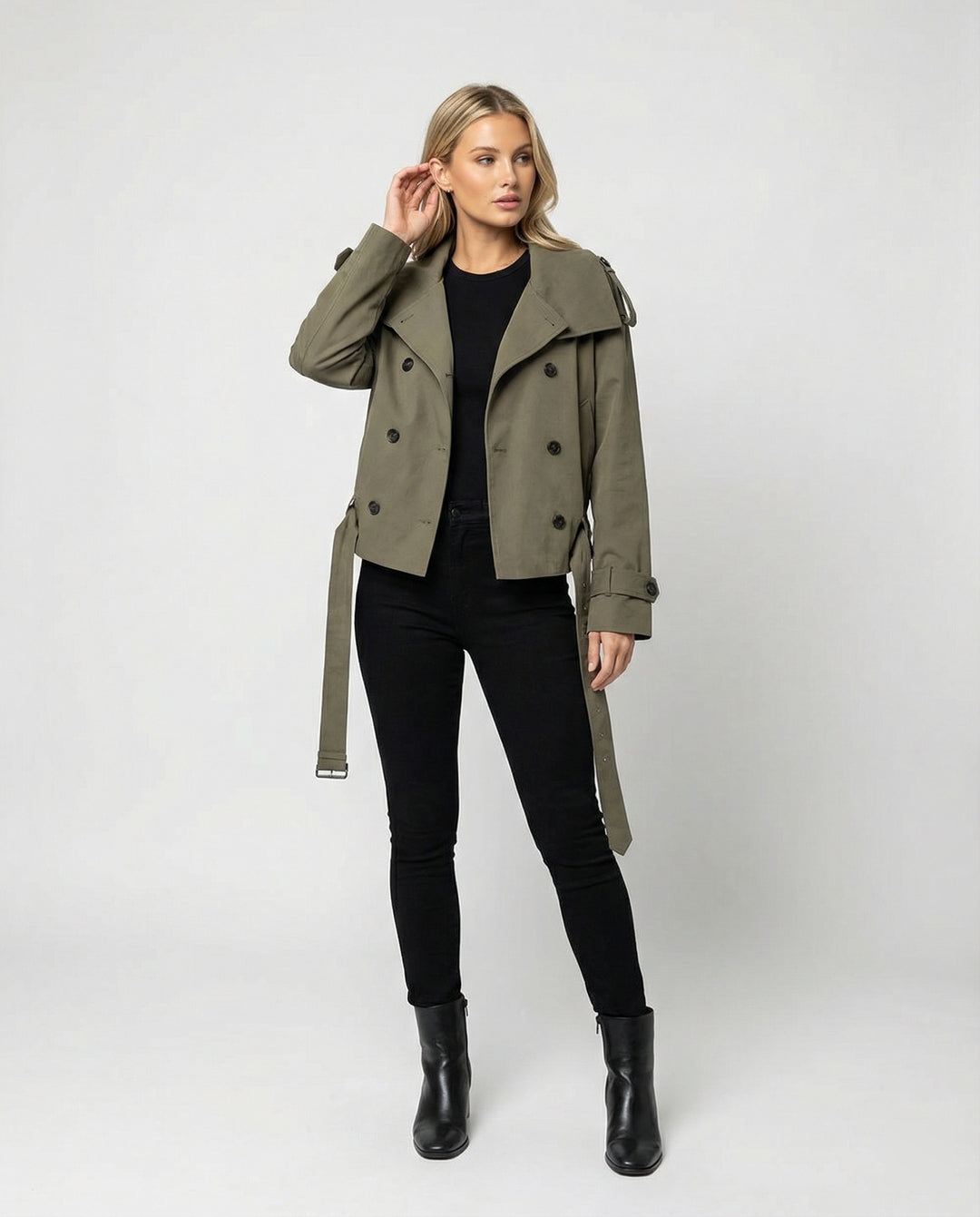 Damen Herrenmode kurze doppelt geknöpfte Trenchjacke mit Taillengürtel weitem Kragen und Schulterklappen R&B