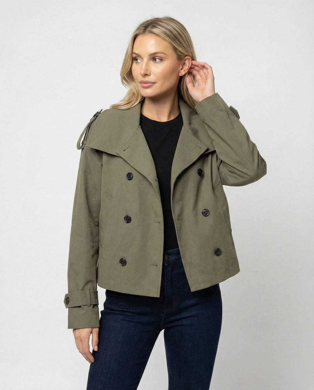 Damen Herrenmode kurze doppelt geknöpfte Trenchjacke mit Taillengürtel weitem Kragen und Schulterklappen R&B