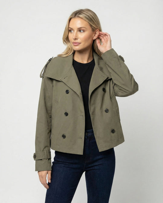 Damen Herrenmode kurze doppelt geknöpfte Trenchjacke mit Taillengürtel weitem Kragen und Schulterklappen R&B