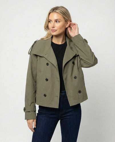 Damen Herrenmode kurze doppelt geknöpfte Trenchjacke mit Taillengürtel weitem Kragen und Schulterklappen R&B