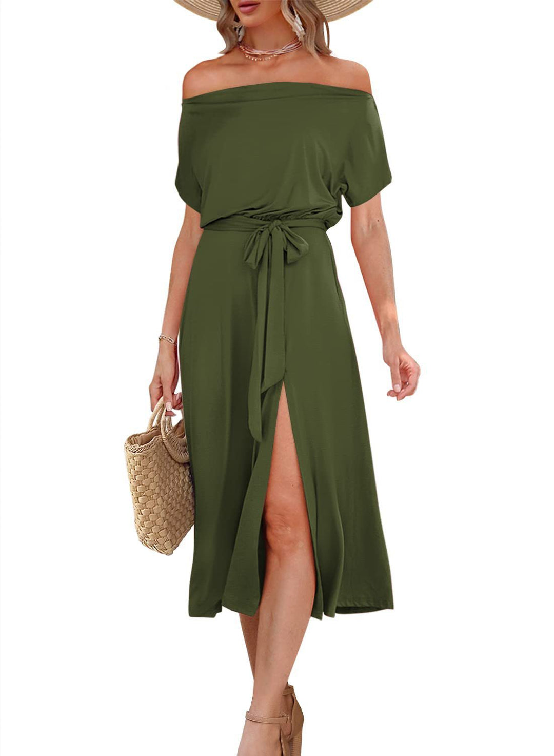 Damen Off-Shoulder Maxikleid mit Taillengürtel und seitlichem Schlitz R&B