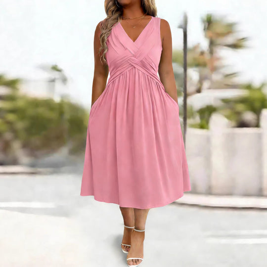 Damen Sommerkleid mit tiefem V-Ausschnitt und Seitentaschen R&B