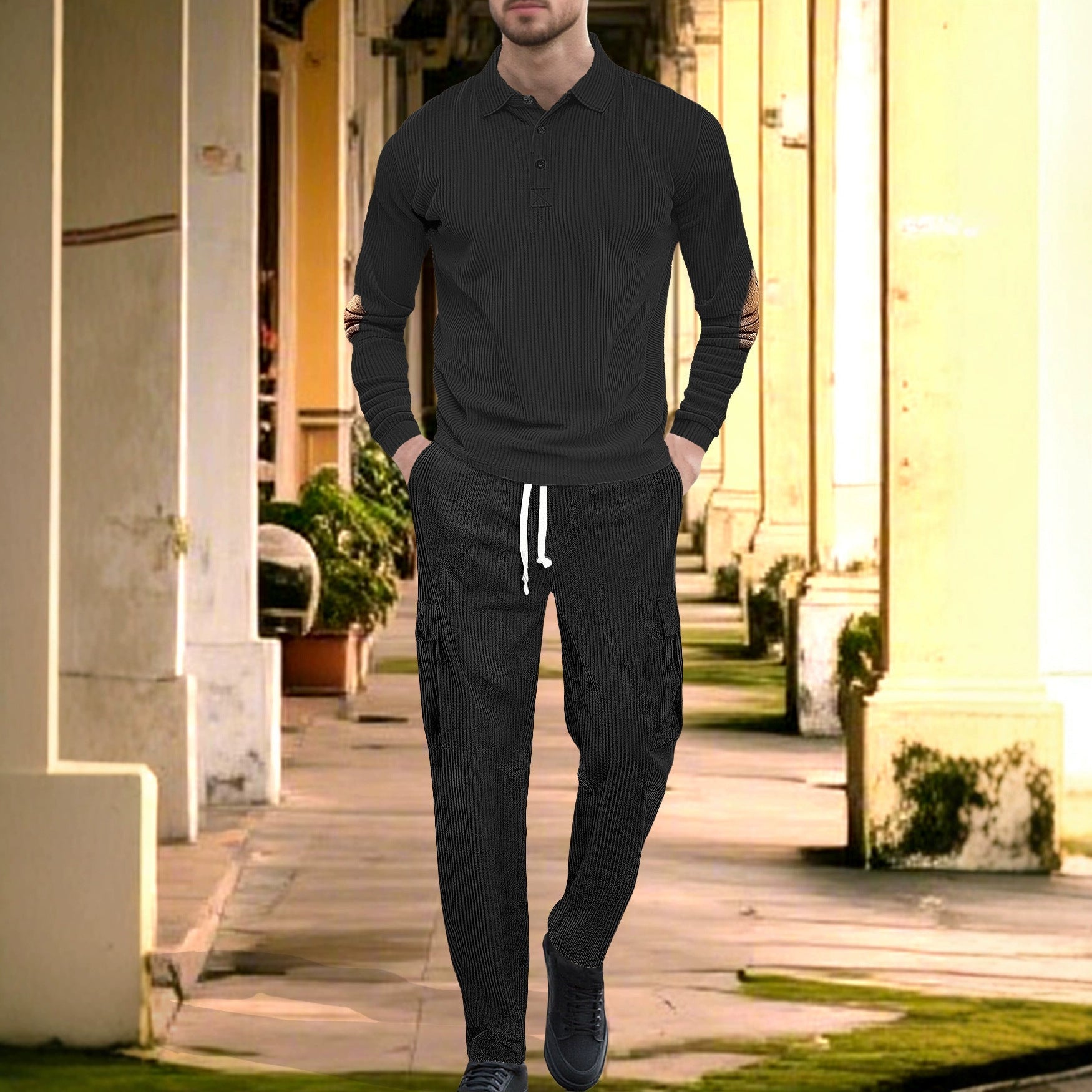 Herren nan geripptes Lounge-Set mit Polokragen Ellenbogenpatches und Cargohose R&B