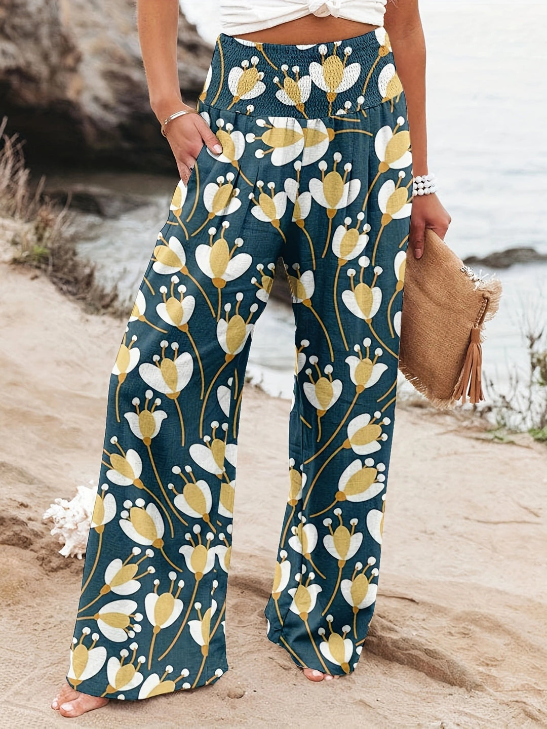 Damen Weit geschnittene Strandhose mit floralem Motiven und elastischem Bund R&B